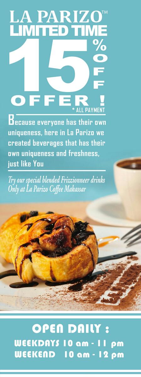 LaParizoCoffee's tweet photo. Special disc 15% off all drink n food http://t.co/zB9A5RokTN