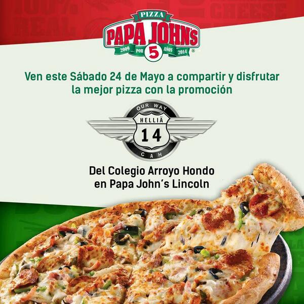 PapaJohnsRD's tweet photo. Comparte y disfruta la mejor pizza con la promoción Helliä @Promo14CAH 14 Del Colegio Arroyo Hondo. http://t.co/OKMVUjeUxk