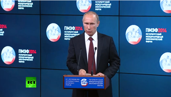 RT_com's tweet photo. WATCH LIVE: President Putin talks at St. Petersburg Economic Forum http://t.co/HIQx1UpCmH #SPIEF2014 http://t.co/iYRg2HdKs6