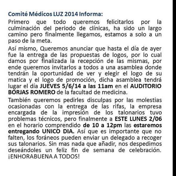 ComiteMedLUZ14's tweet photo. Anuncios de la semana: rumbo a la matica 2014. http://t.co/L3i7FqolNa