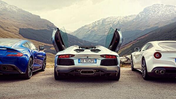 BBC_TopGear's tweet photo. How we took an F12, Aventador and Aston Vanquish to Scotland and used up all the UK’s petrol http://t.co/xOapk5dZMV http://t.co/H4SkQPp1wm
