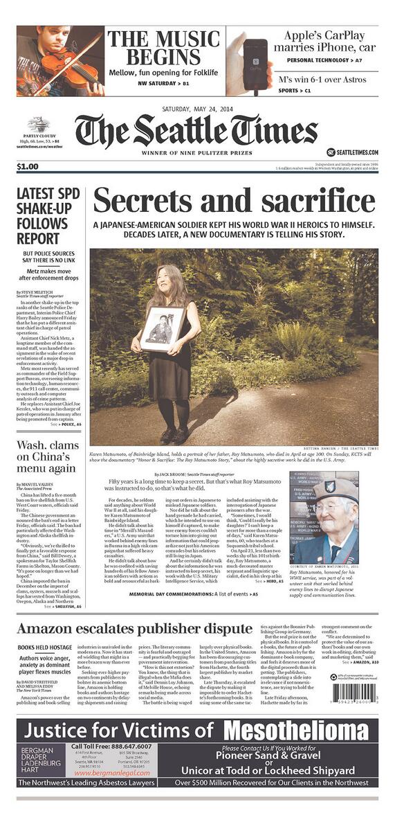 HonorDoc's tweet photo. Front page placement for Jack Broom's article in Seattle Times. Who deserves it more than Roy? http://t.co/q8eM8oEpIz http://t.co/IlrhNLYm7U