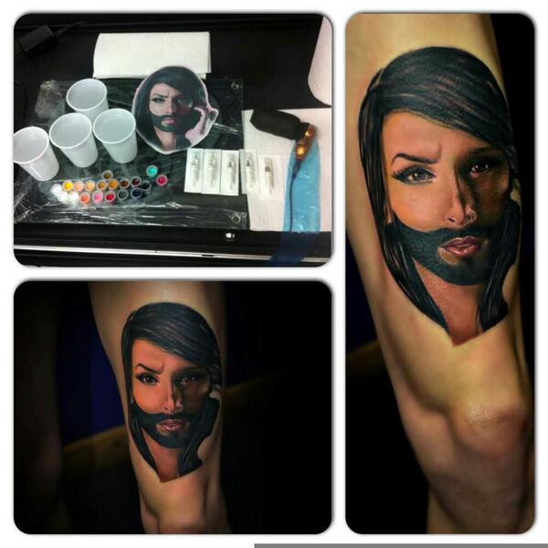 OceanicJack's tweet photo. New Tattoo in progress #ConchitaWurst #Conchita #tattoos #whiteboy #Eurovision #ink #portrait #tattoo #Bristol http://t.co/s8MOp4tmWJ