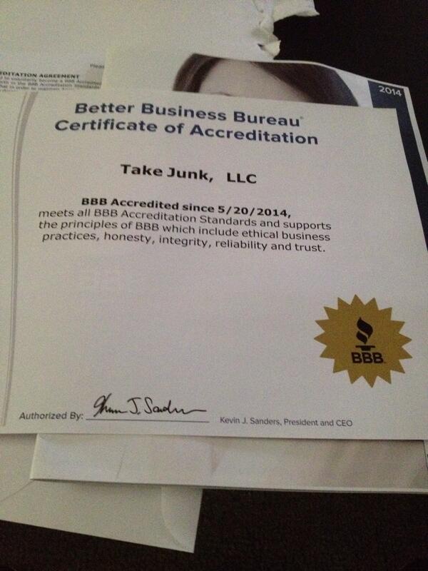 takejunk's tweet image. Take Junk LLC has received accreditation from the Better Business Bureau  @spazwaaf