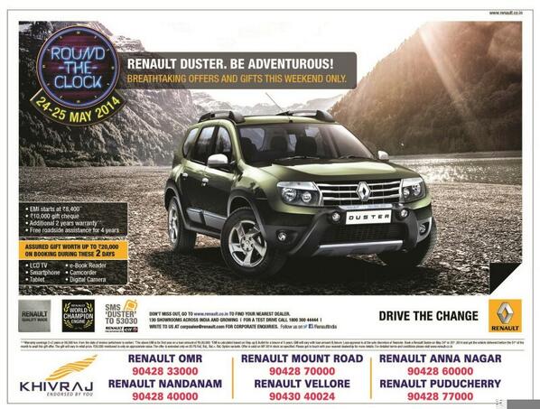 vimalchordia's tweet photo. A fabulous week end offer for next two days on just booking your Renault Duster or Scala . http://t.co/q9JIr6QCOl
