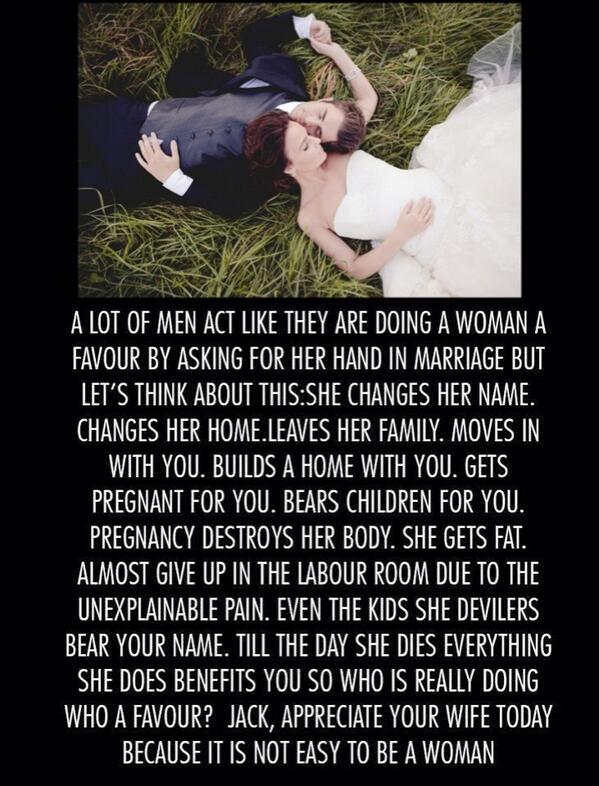 TaariqCupido_69's tweet photo. "@WeddingPornx: Appreciate her, because it's hard to be a woman http://t.co/77jbO5YddP"