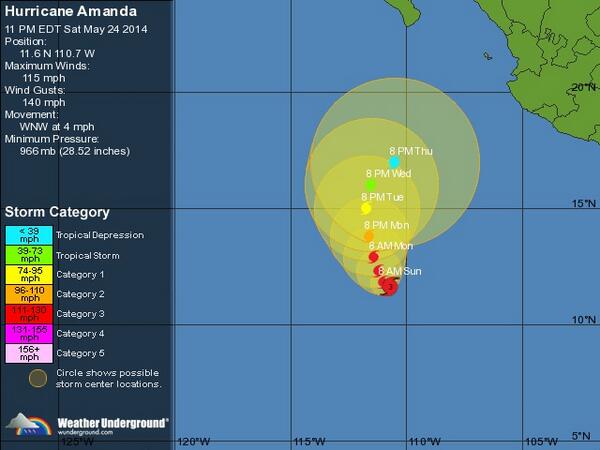 qtf's tweet photo. HURACÁN CATEGORIA 3 
#Amanda se espera mantendrá intensidad hasta el lunes, con trayectoria potencial.
ALERTA. http://t.co/Ak48p2h2WK