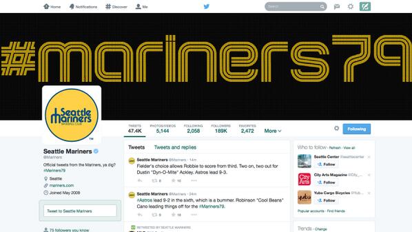 SeaTimesFotoKen's tweet photo. @Mariners does that 70's show for throwback night on Twitter. Nice. #Mariners79 http://t.co/cWIj2oRQ1G