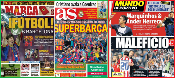 LaLigaenDirecto's tweet photo. Portadas de Marca y AS cuando Barça ganó la Champions (2011)
Portada de MD cuando Madrid ganó la Champions (2014) http://t.co/XOiuJERnft