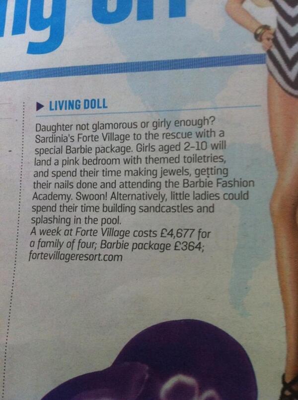 Aaarrrrrggghhh RT <a href="/antiroom/">The Anti Room</a>: RT <a href="/pollycurtis/">Polly Curtis</a>: Your daughter not girly enough? Times travel section, shame on you.