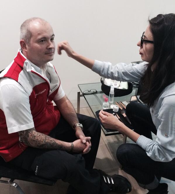 Audi_UK_Press's tweet photo. Audi Sport Team Joest Technical Director Howden "H" Haynes gets the make up treatment before Daily Telegraph filming http://t.co/pduF7nBkwY