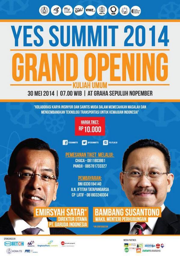 RT "<a href="/hmtc_its/">HMTC ITS</a>: GRAND OPENING <a href="/YESsummitITS/">YES Summit ITS 2017</a> Yuk ikutan sahabat HMTC. Pembicaranya keren loh. HTM nya cuma 10k :) "