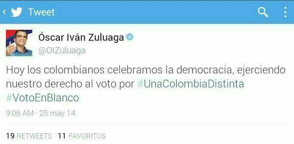 ELTIEMPO's tweet photo. El perfil de @OIZuluaga promocionó por error el #VotoEnBlanco. El error no pasó desapercibido en medio de la jornada http://t.co/gIlDs6JSkL