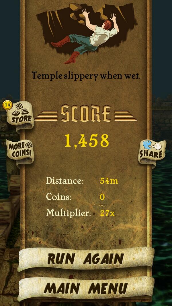stever6784's tweet photo. I got 1,458 points while escaping from demon monkeys. Beat that! http://t.co/HNCvPgnOGf #TempleRunm@@lmmmmkmnnnnnnmkl http://t.co/cx4GuWhenf