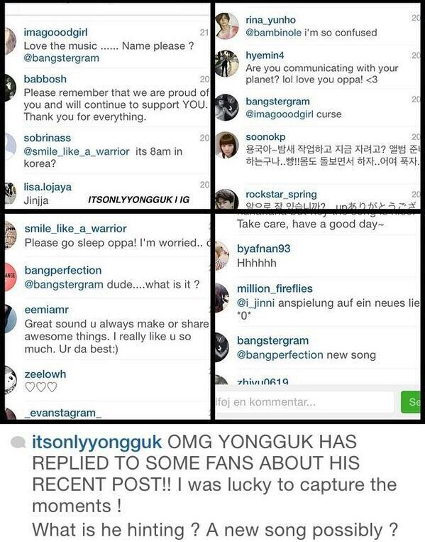 Infinitemyeongs's tweet photo. Yongguk replied fan message "new song" ©itsonlyyongguk (IG) || via: tofupillows http://t.co/s8V8sBkjq4