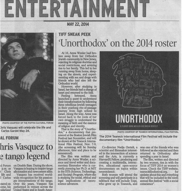 UnorthodoxMovie's tweet photo. The Teaneck Suburbanite newspaper announces our screening at the Teaneck Film Festival in November. Looking forward! http://t.co/938oqnLnrZ