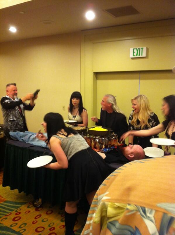 crypticon's tweet photo. #crypt14 brunch is served on @RevEnFuego! @Camden_Toy and the @twisted_twins dig in! #trythesausage http://t.co/kpmqw5wrvB