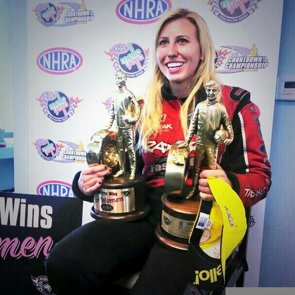 Courtney lists nearly every female to ever win in NHRA competition during her post-race presser, starting w/ Shirley.