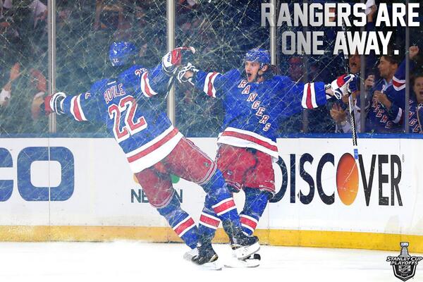 NBCSportsHockey's tweet image. The @NYRangers beat the @CanadiensMTL 3-2 (OT) and are one win away from the #StanleyCup Final!
