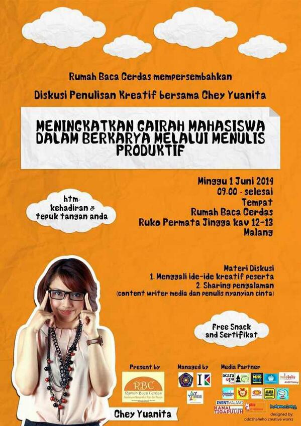 Temans, yuk ikut "Kreatif Menulis" bersama <a href="/chey_yuanita/">chey.yuanita</a> di <a href="/RBCMalang/">Rumah Baca Cerdas</a> | Free + Sertifikat! Info: 08990543218
