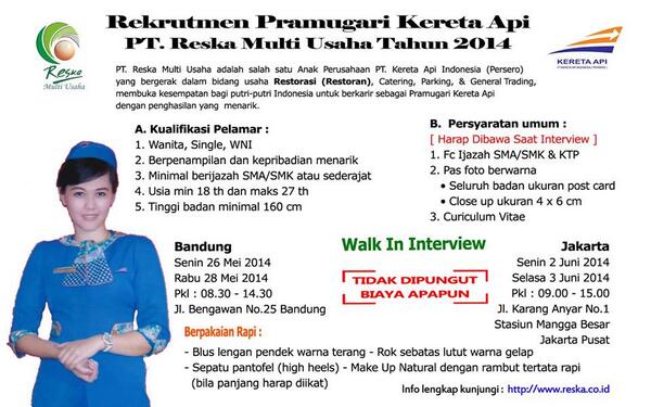 Rekrutmen pramugari KAI 2014, Free, Wanita, Minimal SMA/sederajat >>