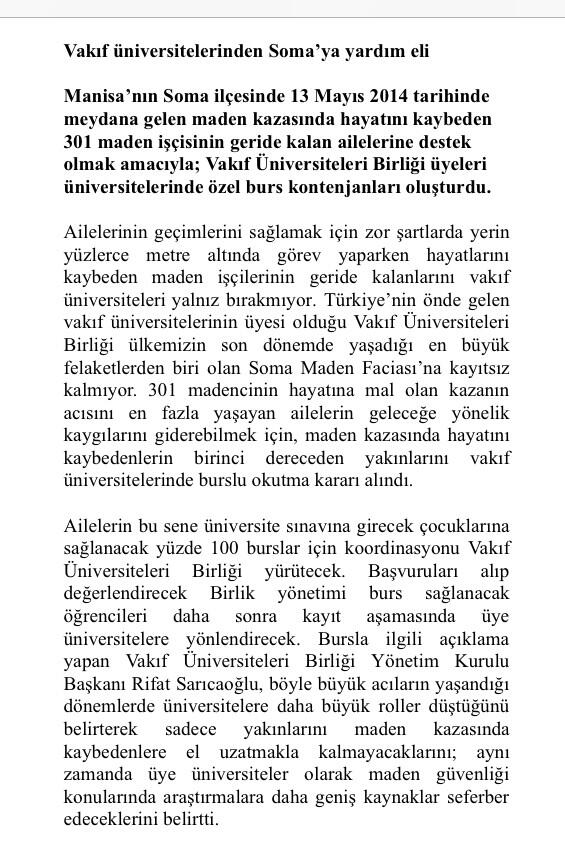 vakifuniversite's tweet photo. Vakıf Üniversiteleri Birliği üyeleri #Soma için üniversitelerinde özel burs kontenjanları oluşturdu ! http://t.co/GQWuBkEw8B
