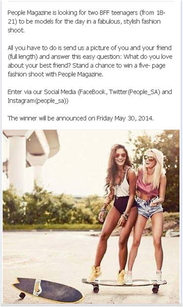 People_SA's tweet photo. Stand a chance to win a five- page fashion shoot with People magazine. http://t.co/YtXE0ZOrSp