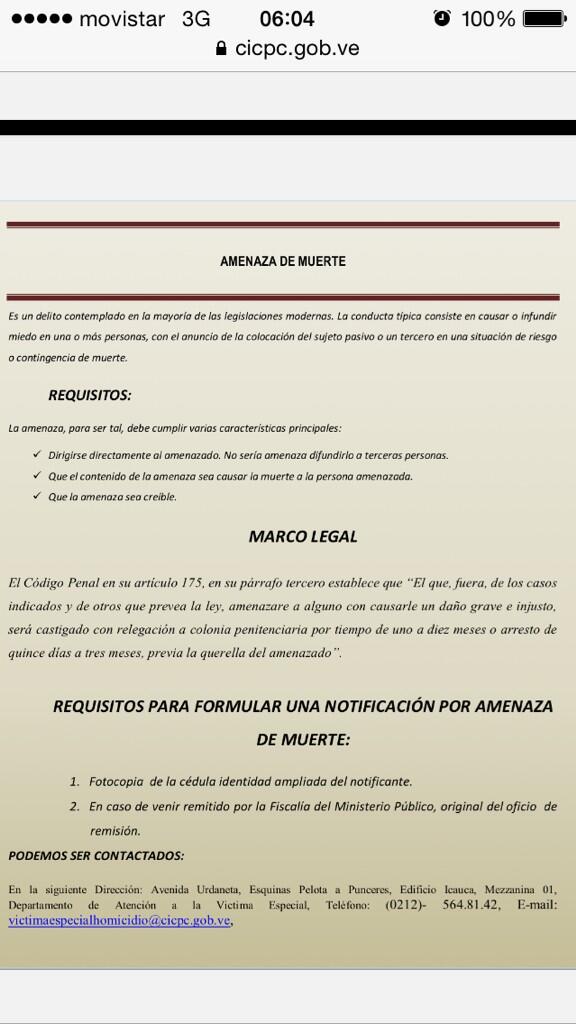 DouglasRicoVzla's tweet photo. Sepa que es una Amenaza de Muerte y los requisitos para formular una notificación ante el CICPC. #PAZ http://t.co/vUCgMe8wtM