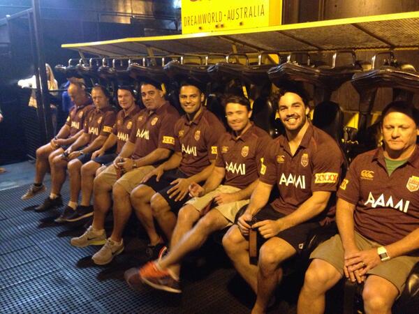 XXXX Maroons getting ready for Giant Drop Ride, few nervous faces b4 a 120m free fall #QLDER