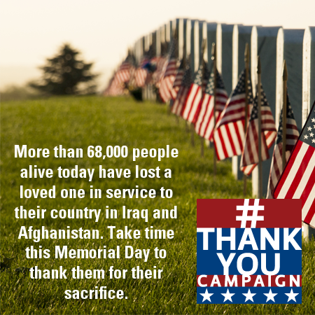 ThankUCampaign's tweet photo. 68,000+ people alive today have lost a loved one in service in Iraq &amp; Afghanistan #ThankYouCampaign #MemorialDay http://t.co/LcJUcJZkUD
