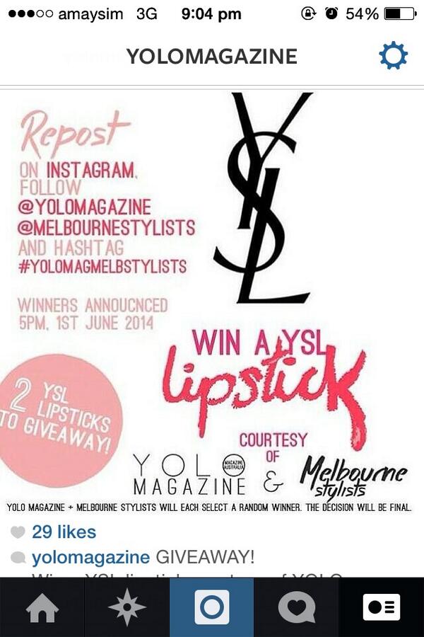 WIN! 2 YSL Lipsticks up for grabs. Head to our Instagram <a href="/yolomagazine/">YOLO Magazine</a> to enter! #ysl #giveaway #yolo #yolomag
