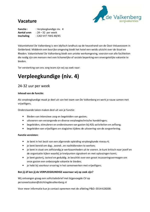 Ben jij óf ken jij de Verpleegkundige voor Vakantiehotel De Valkenberg? #vacature #zorg #vakantiehotel
