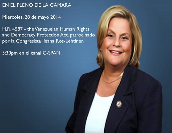 RosLehtinen's tweet photo. En 2 días, miércoles, 28 d mayo, 2014, mi legislación sancionando régimen d #Maduro irá a votación #SOSVzla http://t.co/ILCUCC8Opr