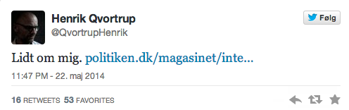 Seriøst <a href="/politiken/">Politiken</a>? Citat <a href="/AndersStegger/">Anders Stegger</a>: »Man ved, den er gal, når skurken selv tweeter portrættet.« JA! #dkmedier