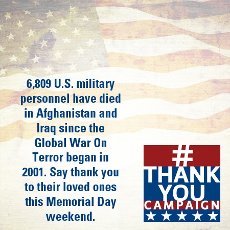 ThankUCampaign's tweet photo. Take time this #MemorialDay to join in our #ThankYouCampaign honoring the loved ones of our fallen military heroes. http://t.co/zcbW60xTfc