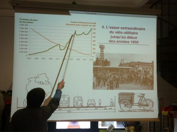 OlivierRazemon's tweet photo. Paris. Frederic Héran, baguette en main, a commencé à nous raconter son histoire du vélo. C'est passionnant. http://t.co/l83h0CvYtT