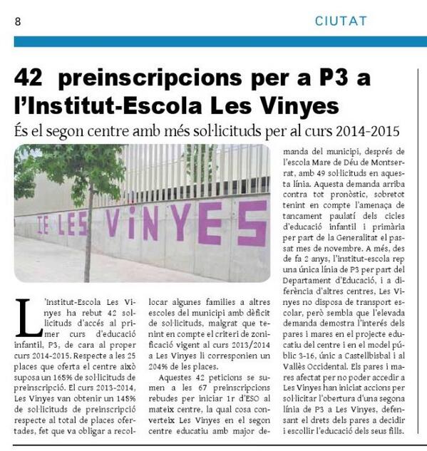 perllaman's tweet photo. @EldiariCastellb 168% demanda versus oferta para P3 en @ielesvinyes #dretadecidir #abp #educacioqualitat http://t.co/X8dp6QqOiK