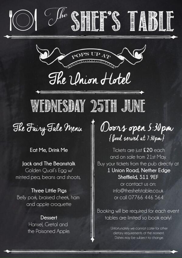 TheShefsTable's tweet photo. We've been swamped and only a few of tickets left for our Fairy Tale themed pop  up @The_Union_Hotel on 25th June... http://t.co/qEhmukIL4Q