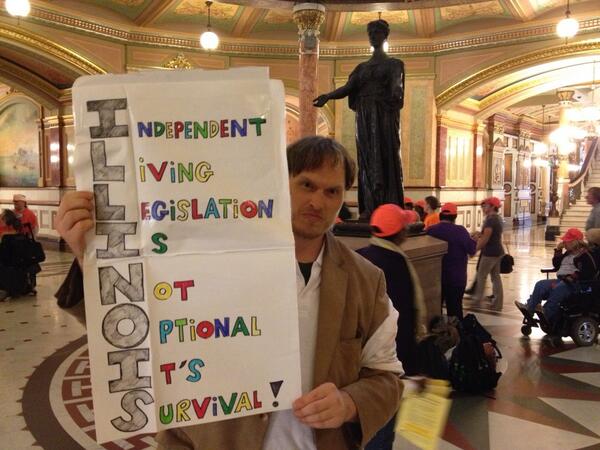 SEIUhciimk's tweet photo. A damn good sign from Jonathan occupying Springfield Rotunda w/ @AccessLiving @ADAPTChicago
#Keep5Percent #twill http://t.co/Z2SYH04d1A