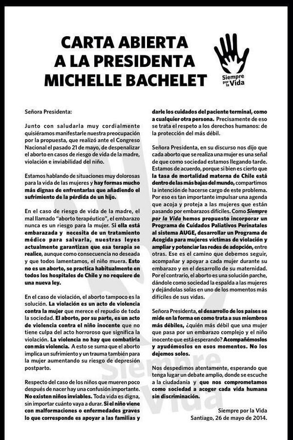 siemprexlavida's tweet photo. Por si no la leíste, carta abierta a Michelle Bachelet. Por las mujeres y niños estamos @siemprexlavida! http://t.co/GrmenFsoso