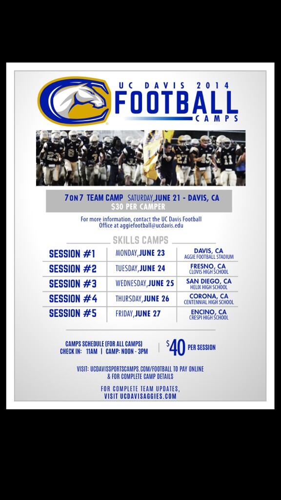 PatMcCann7's tweet photo. #UCDavis 1-Day Camps coming up quick
June 23-Davis
June 24-Fresno
June 25-San Diego
June 26-Corona
June 27-LA area http://t.co/pJIe47wt2f