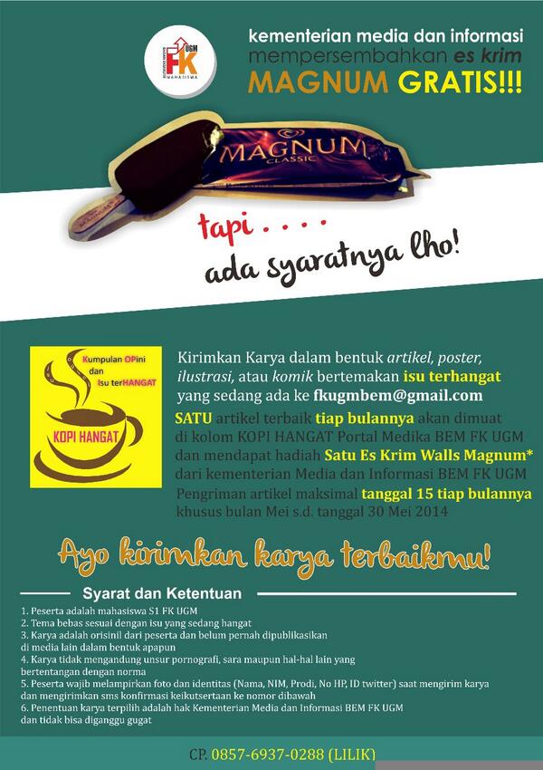 bemfkkmkugm's tweet photo. #MagnumGratis @smfkugm @BKPIUGM @PDUGM11 @pdugm2012 @aaifkugm @pekafkugm @Mapadok_UGM @fkugm_humas @psikUGM_2011 http://t.co/INv1MYe0Bt
