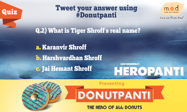MadOverDonuts's tweet photo. Time for Q2! Follow us, answer using #Donutpanti &amp; stand a chance to win movie tickets or @Heropanti merchandise. http://t.co/tc5UmFRH81
