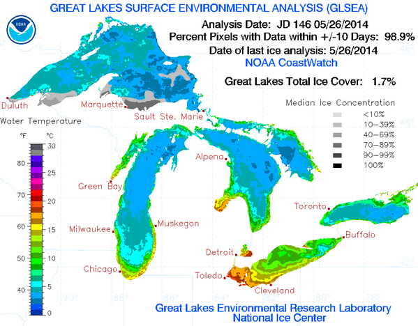 ChrisWTOL's tweet photo. Unreal. Ice still on the Great Lakes the day after Memorial Day.  Currently 1.7% coverage...all on Lake Superior! http://t.co/25ndyjt0zH