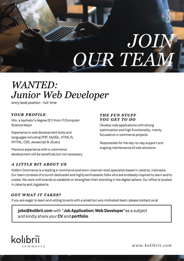 amandsim's tweet photo. @jogjainfo #jogjalowker Web Programmer | Full Time | Kolibrii Commerce | CV+portfolio ke jobs@kolibrii.com | http://t.co/EMJVzYZnEz