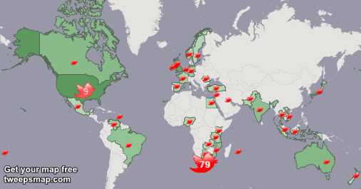 MarkitNelspruit's tweet photo. My followers live in South Africa (79%), USA(9%)... Get your free map: http://t.co/IB7jWB2Hwh http://t.co/VDrTAHW7Pn