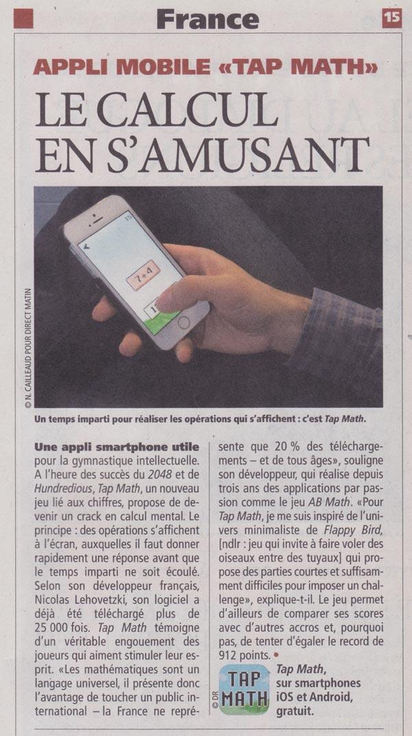 abmathgames's tweet image. Great article about Tap Math this morning in Direct Matin. French national newspaper. 1 800 000 readers.