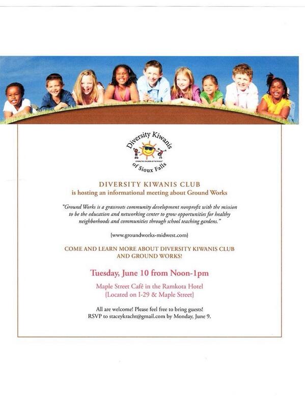 Groundworks14's tweet photo. Come ! Learn! Experience GW and Diversity Kiwanis in Sioux Falls, June 10th. RSVP appreciated http://t.co/d4kKn1M5iA