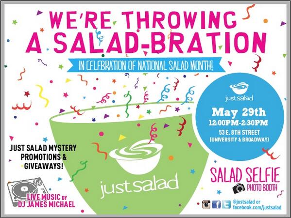 justsalad's tweet photo. This Thursday, we're throwing a Salad-Bration in celebration of #NationalSaladMonth! Live music, giveaways &amp; more --> http://t.co/wx6chiuRjW