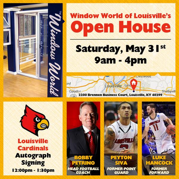 WindowsLville's tweet photo. @Jeremy_CSZ Help us spread the word!  FREE autograph signing - Luke Hancock, Peyton Siva and Coach Petrino, this Sat! http://t.co/DEtZvEukbv